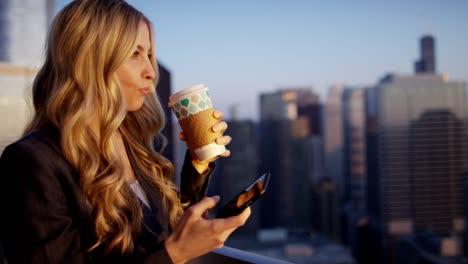 caucasian american businesswoman using touchscreen technology on rooftop