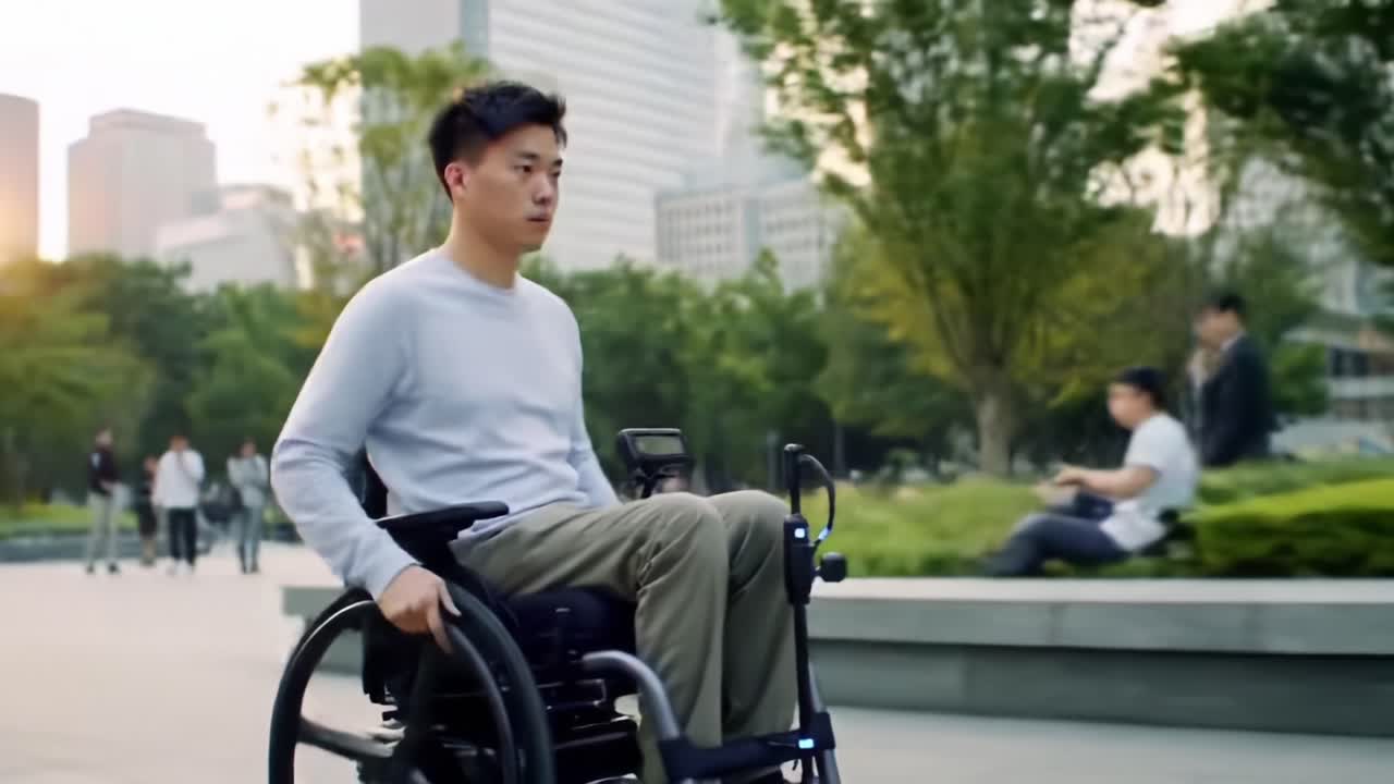 A Young Man in a Wheelchair Navigates Through a Modern Urban Park, Showcasing Independence and Mobility in a Scenic Environment During Sunset