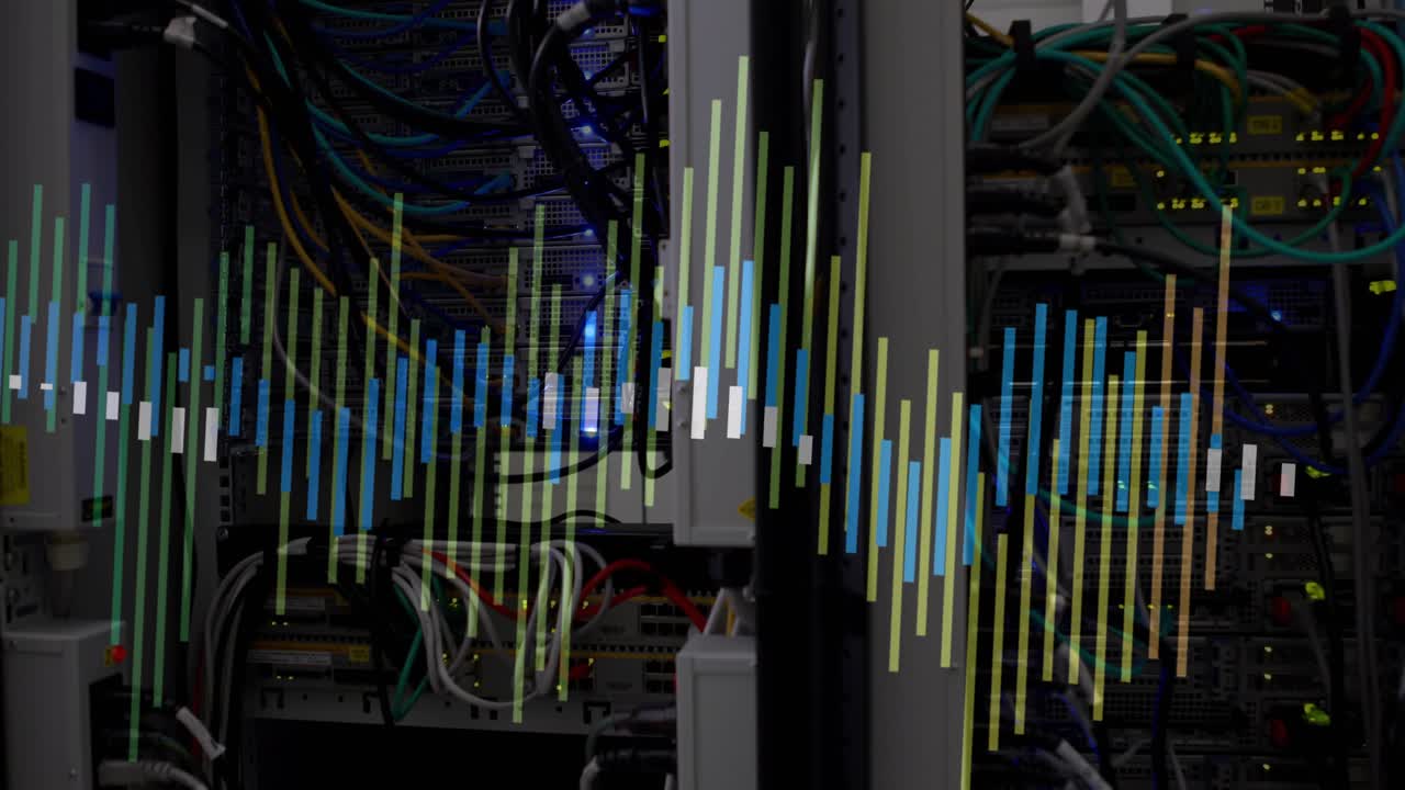 Equalizer bars appearing on start and moving right, showing network traffic across server rack