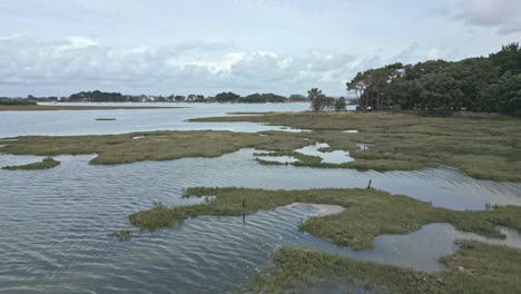 Drone-flying-over-Morbihan-Saint-Colombier-swamp-area-in-Brittany,-France