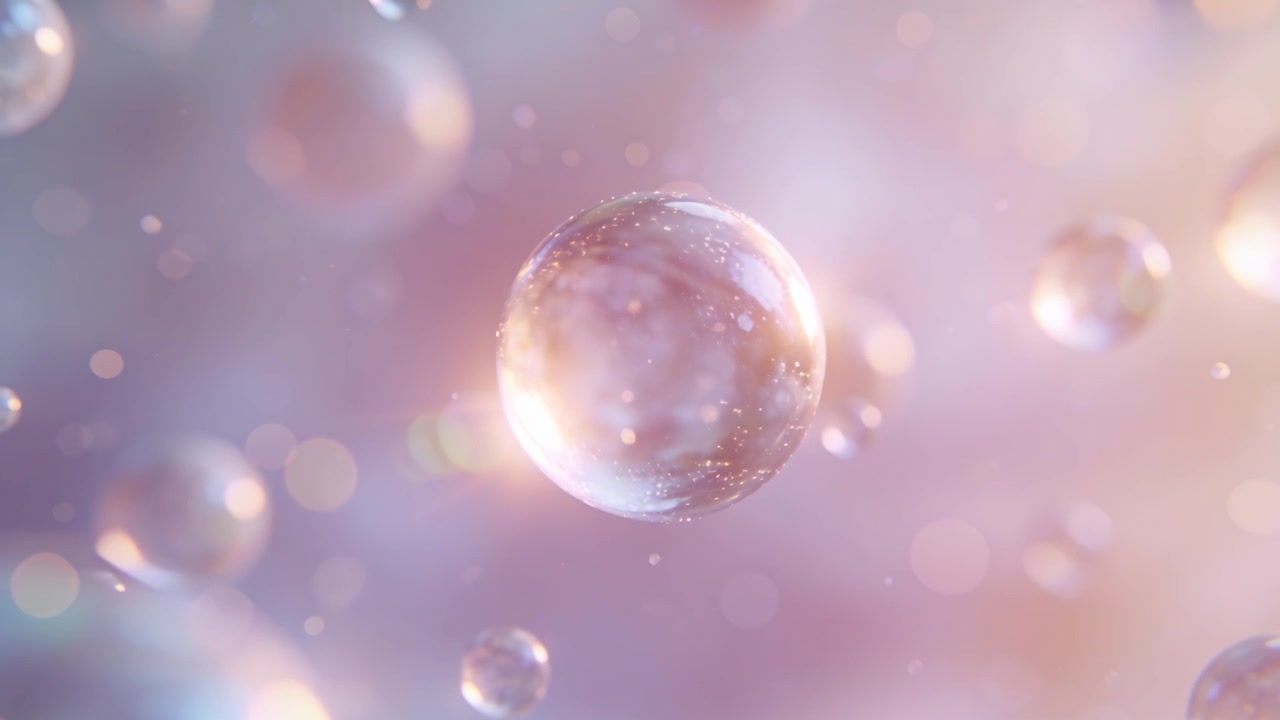 大きな透明で光沢のある球体がパステル調の野原の中央を漂い、カメラが近づくと泡が現れる。