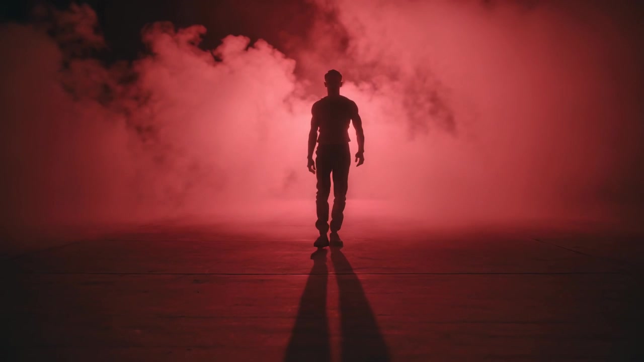 Hombre caminando vistiendo ropa oscura con luz de fondo roja moviéndose hacia el estudio de cámara con niebla y brillo.