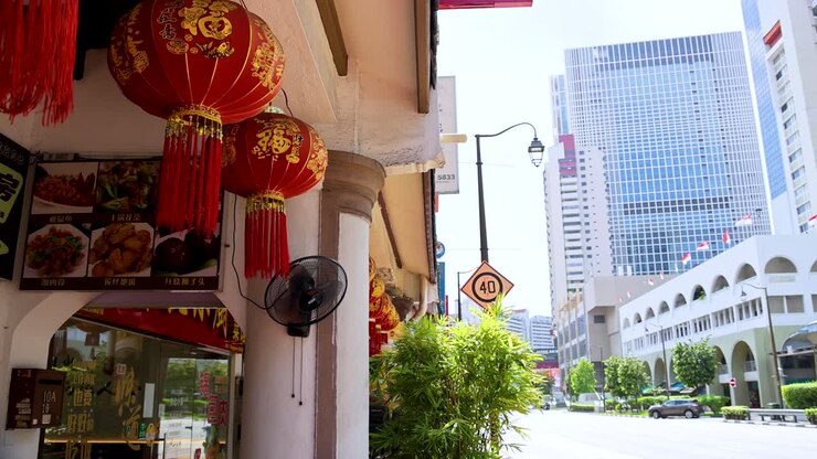 Camera pans from red Chinese lanterns and restaurant exterior to a modern Singapore street with high-rise buildings in bright daylight