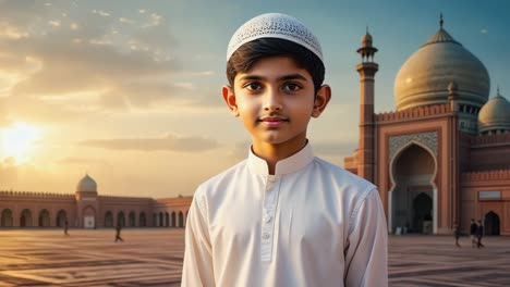confident young boy wearing traditional clothing and a taqiyah, standing proudly in front of a majestic mosque, basking in the warm glow of sunset