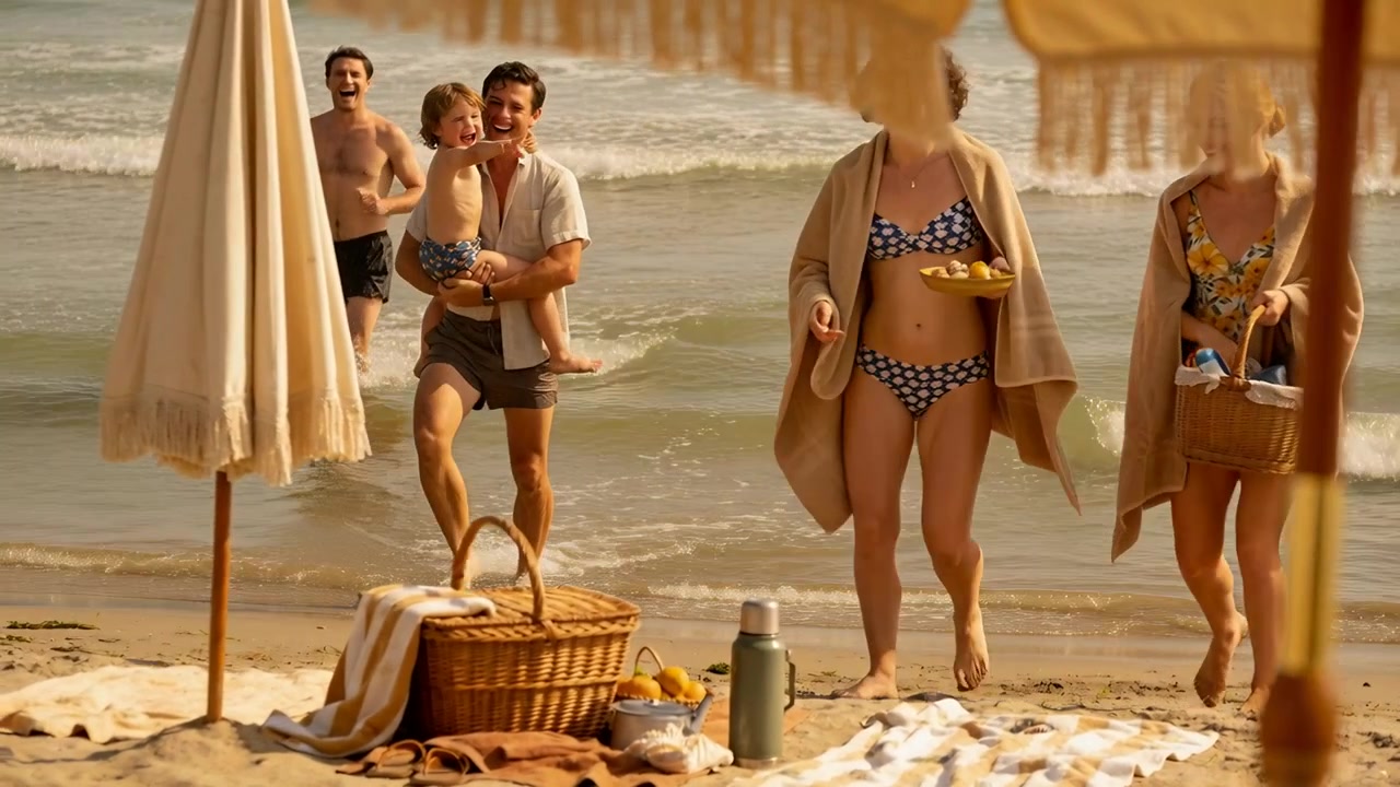 Lasciando le onde, gruppo che cammina per un picnic in spiaggia, papà che porta in braccio un bambino, donne in asciugamano con cesto di vimini.