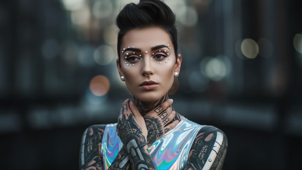 A striking portrayal of a tattooed individual showcasing stunning metallic fashion and intricate body art against a blurred urban backdrop that highlights their unique style
