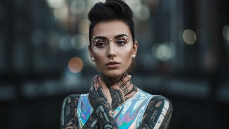a striking portrayal of a tattooed individual showcasing stunning metallic fashion and intricate body art against a blurred urban backdrop that highlights their unique style