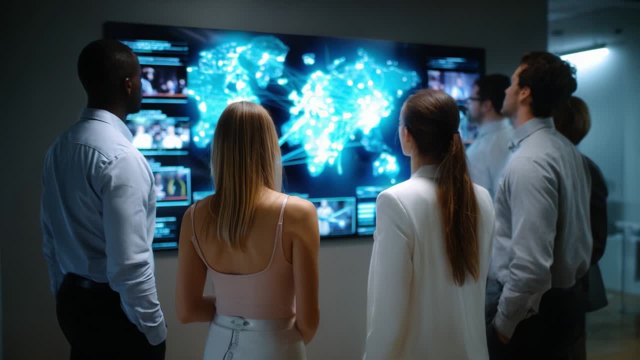 Business team analyzing global data visualization on a large screen