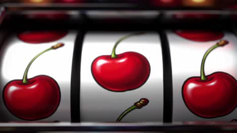 exciting close-up of slot machine reels featuring vibrant red cherry symbols, capturing the thrill and anticipation of winning big in a casino environment