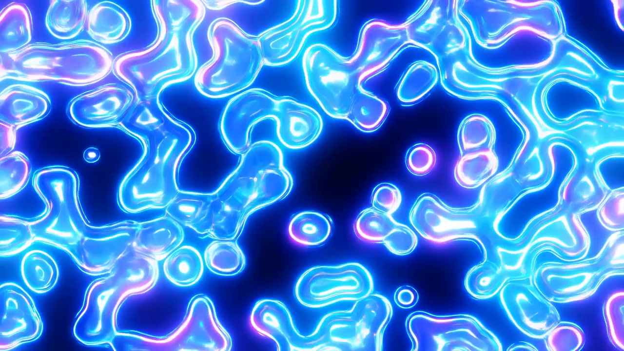 Formas de neón vidriosas flotan sobre un degradado azul oscuro mientras bordes cian brillantes definen manchas irregulares y curvas fluidas, formando una textura futurista de alto contraste con un ambiente digital enérgico