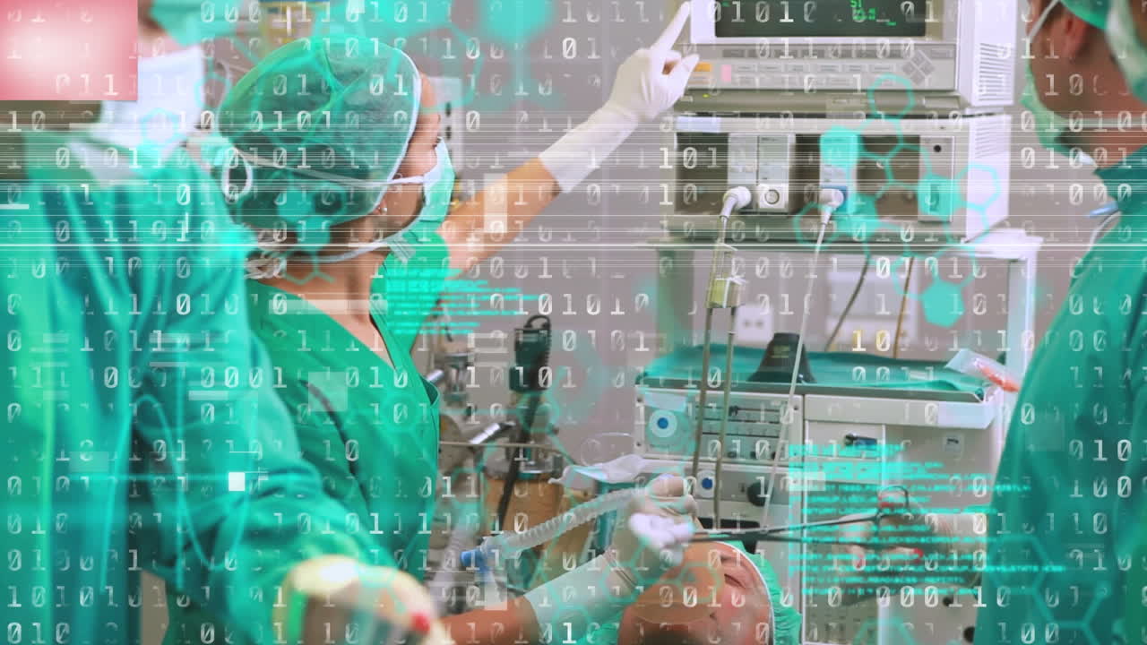 수술실에서 다양한 외과 의사에 대한 바이너리 코딩과 데이터 처리의 애니메이션