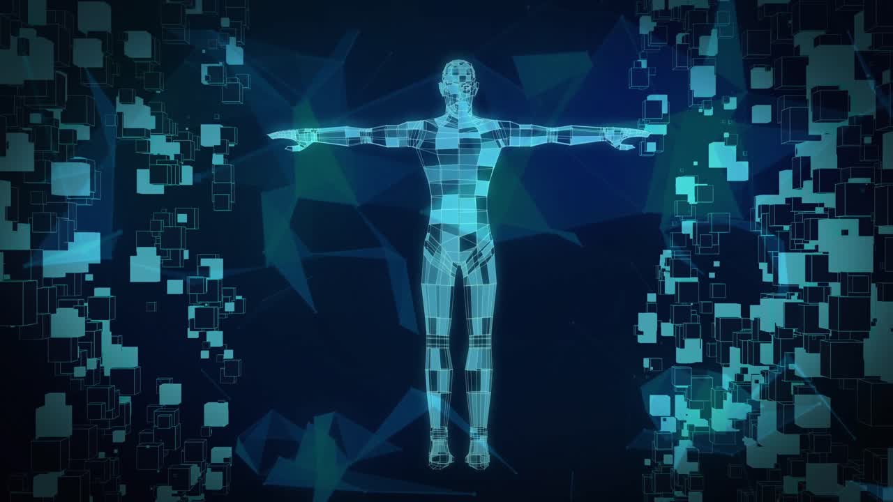 Animation of shapes and digital human over black background
