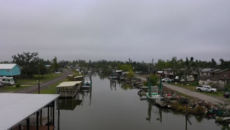 Aerial-view-of-destruction-over-Pointe-Aux-Chêne,-Louisiana