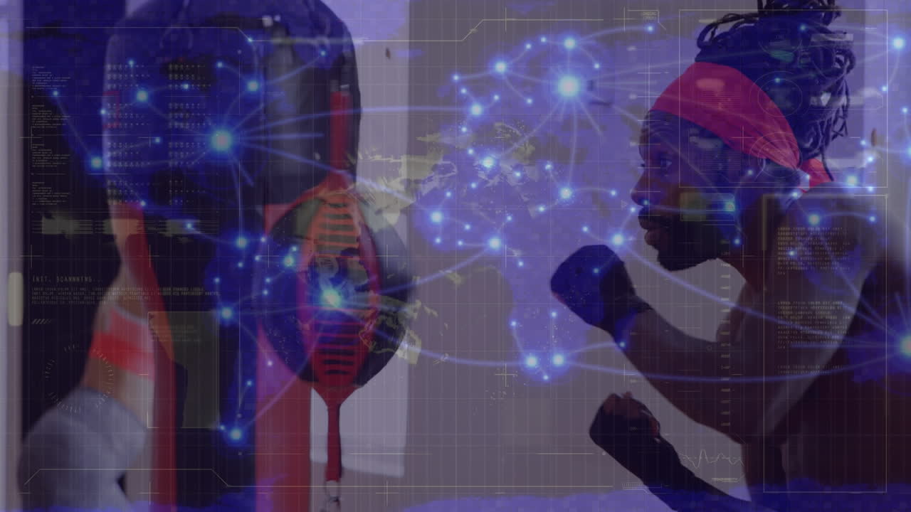 animación del globo, puntos conectados, barras de carga, boxeador afroamericano practicando en la bolsa de boxeo.