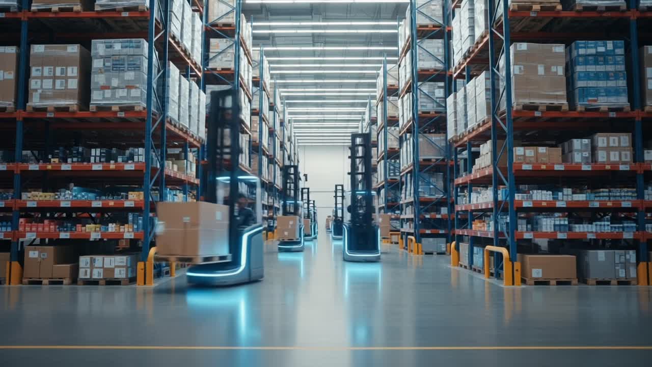 Automated Robots in Modern Warehouse: The Future of Logistics and Inventory Management with High-Tech Robotic Systems Streamlining Operations