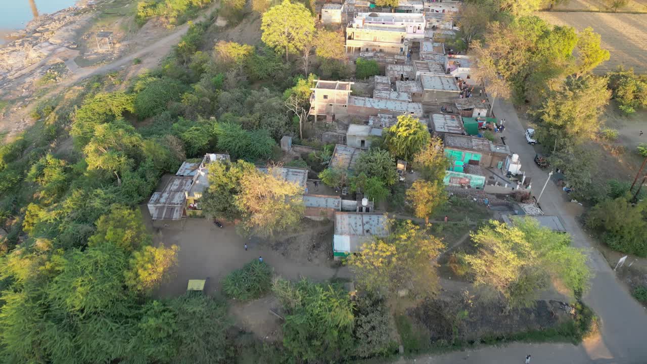 small village beside the Narmada river drone view in madhya pradesh