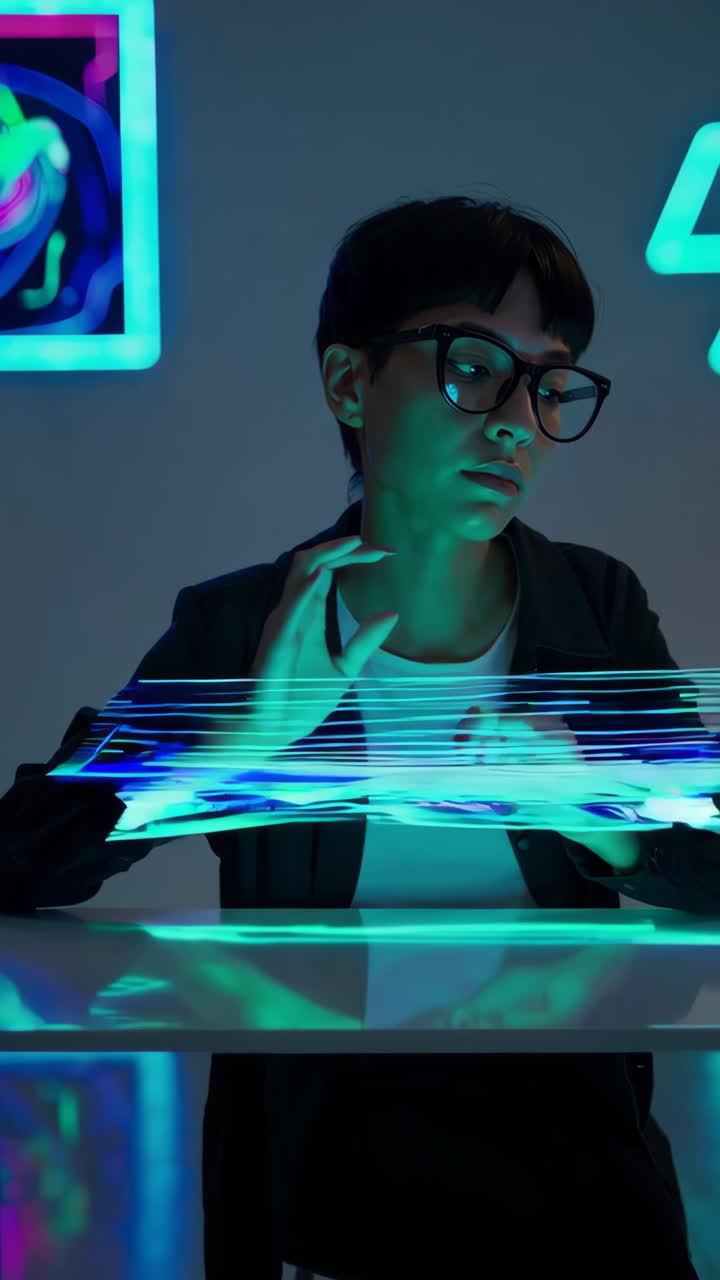 Young Person Using Interactive Table in a Futuristic Setting