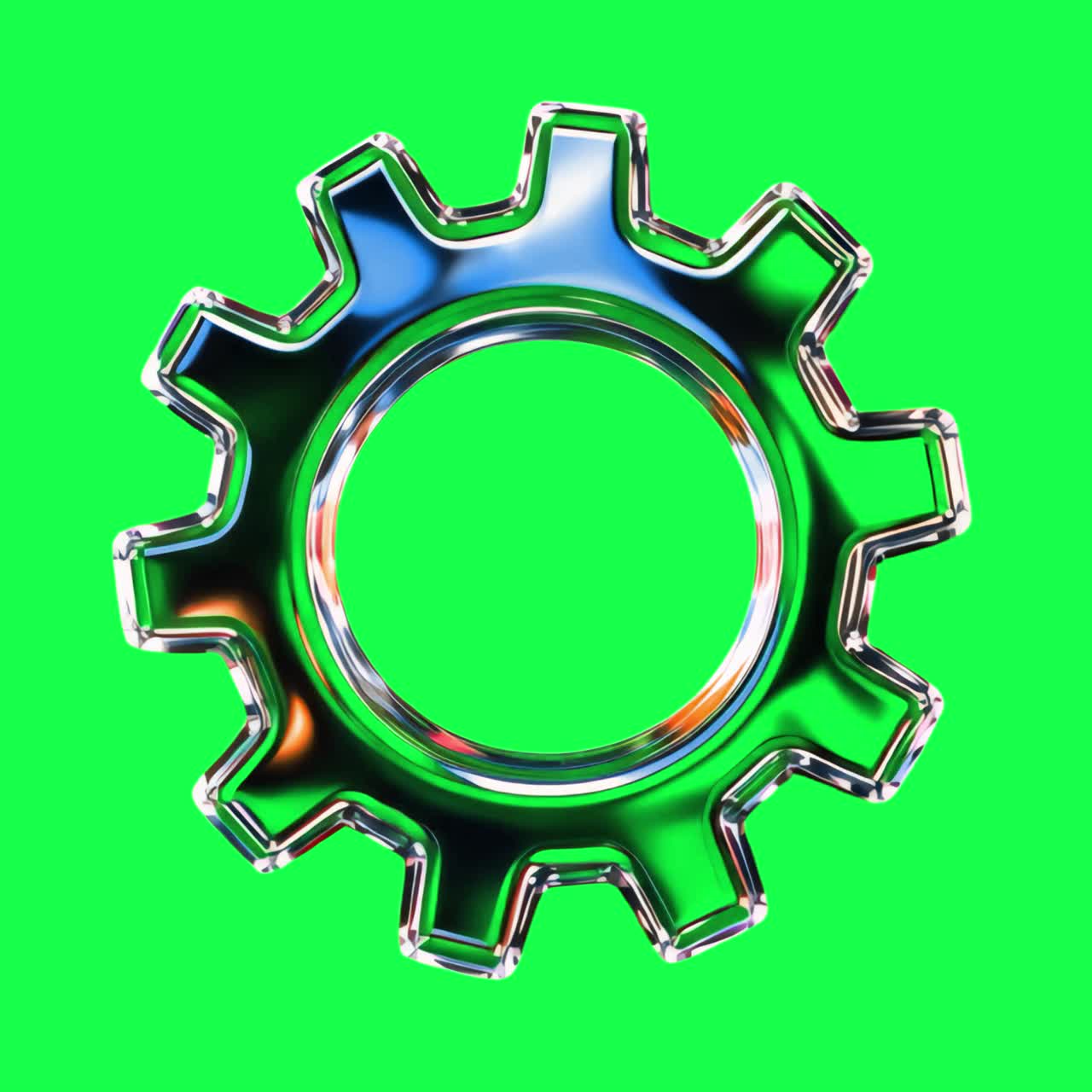 Farverig metallisk tandhjulsillustration animation, transparent 4K video, green screen