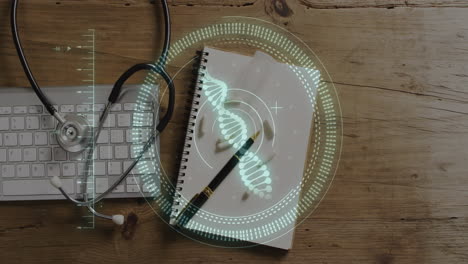 animación de la cadena de adn y escaneo de alcance sobre el teclado y el estetoscopio