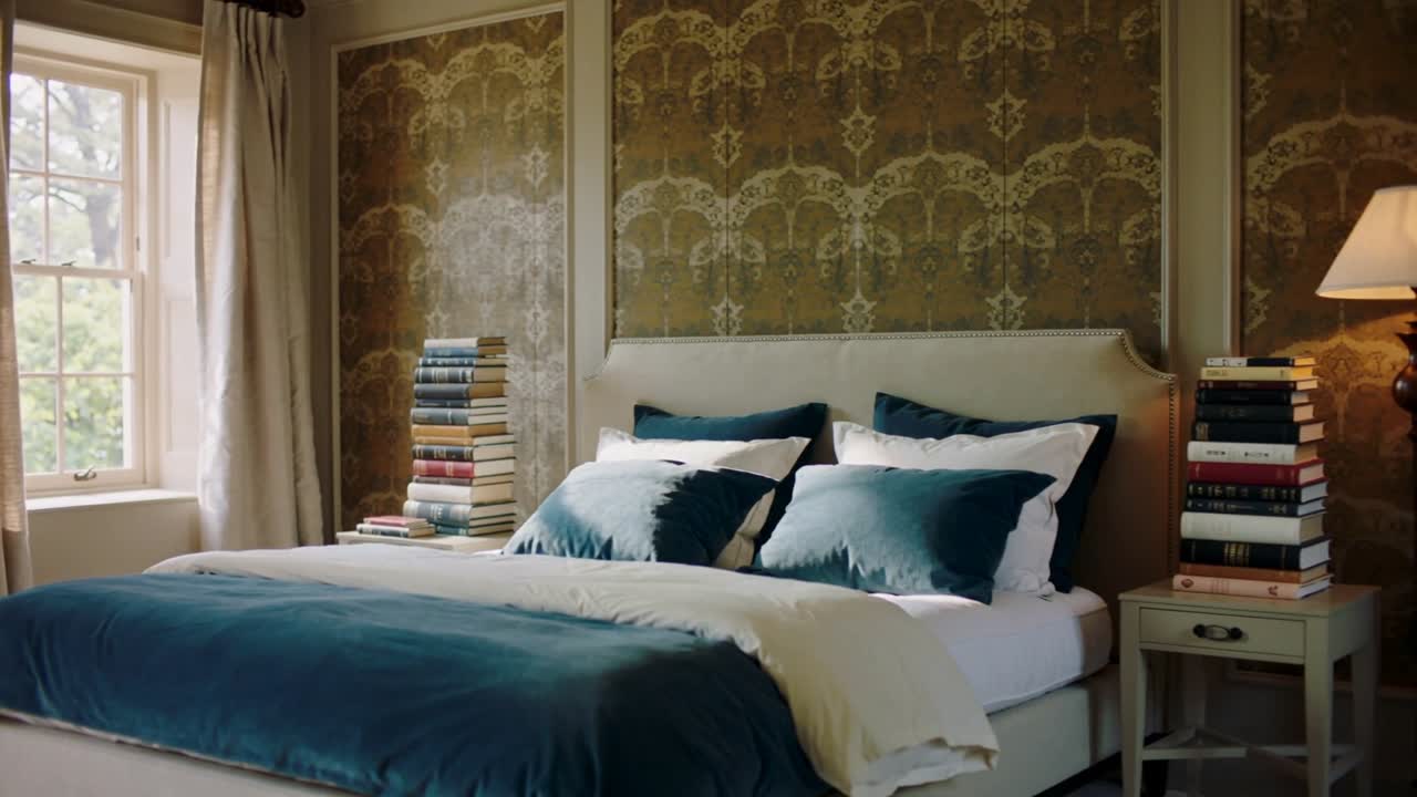 La telecamera in panning rivela un letto matrimoniale e libri impilati in camera da letto, con una lampada che illumina la testiera.
