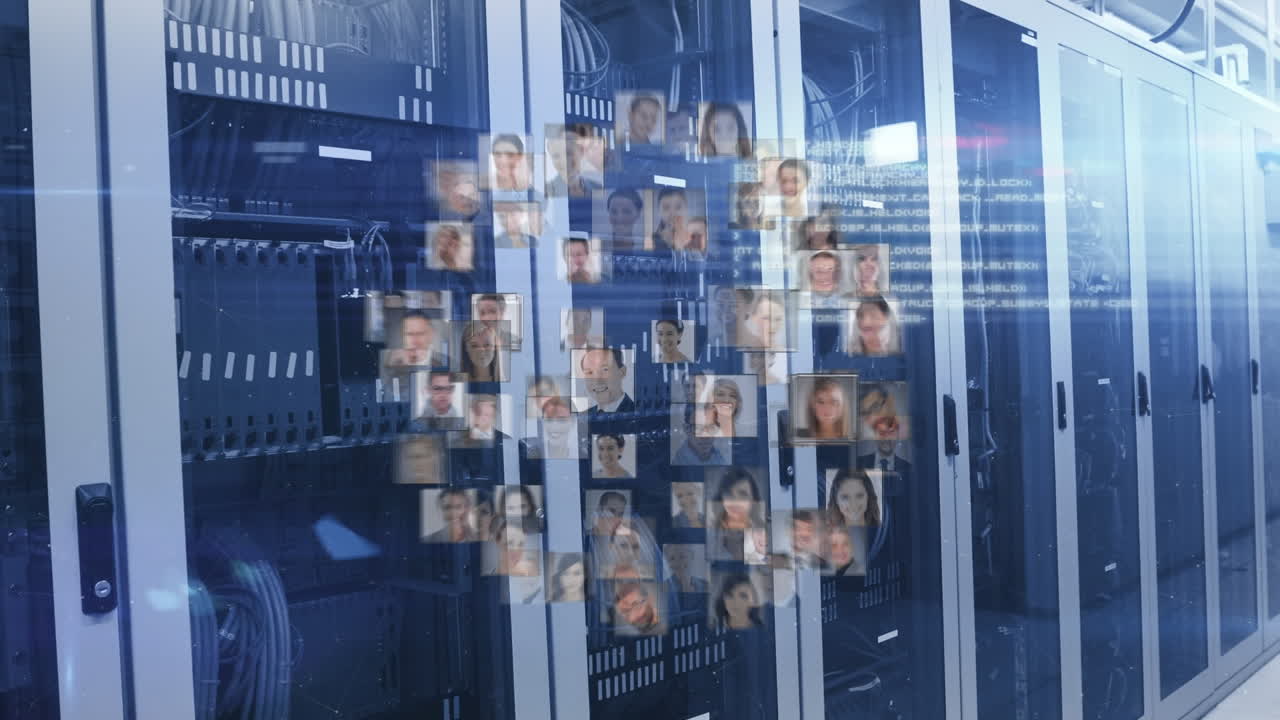 Animation of diverse people portraits and data processing over server room