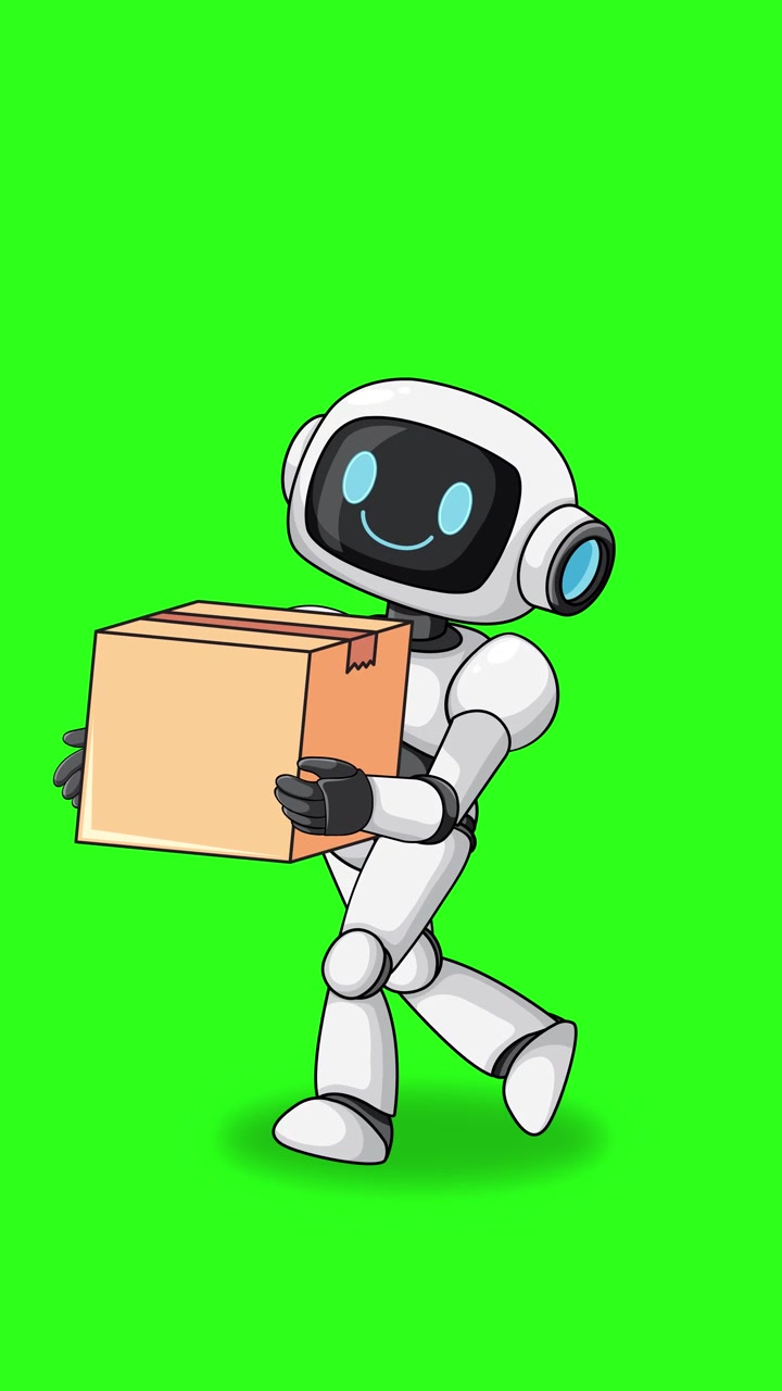 Robot animato cammina tenendo una scatola, movimento fluido, illuminazione brillante, isolato su uno sfondo verde vibrante.