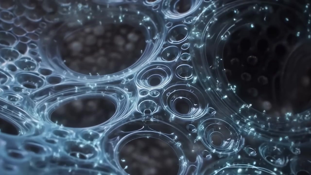 Macro view follows luminous transparent rings and rounded chambers as they shift gently through shadowy space, with cool blue reflections, soft depth, and clustered organic geometry.