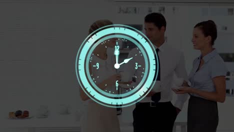 Animation-of-digital-clock-over-caucasian-coworkers-having-tea-and-talking-during-break-in-office