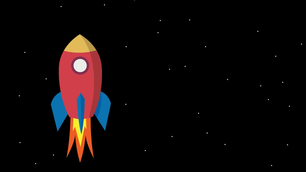 Abstract rocket flying on a background of black sky with stars. Cartoon, 2D animation. Loop footage 4k