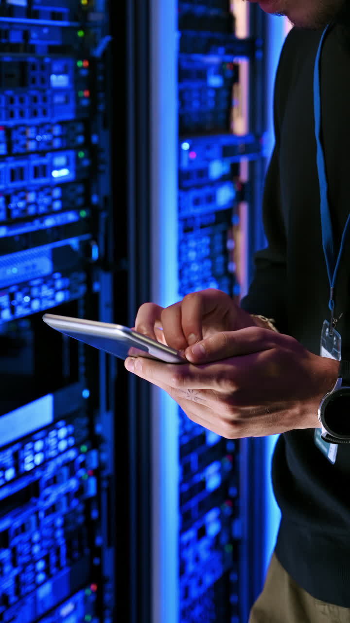 Man analysing data in a server room. Vertical