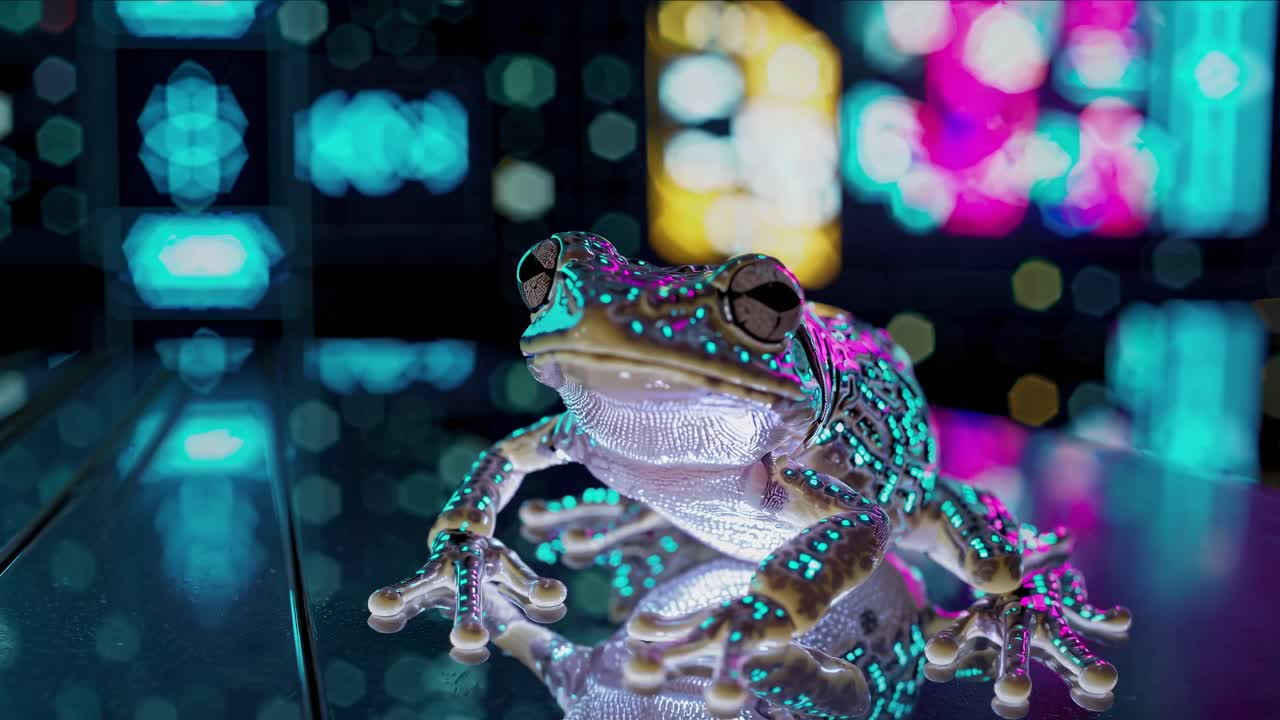 Glowing Frog in Cyberpunk Cityscape