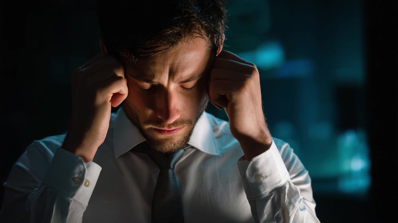 A Man Overwhelmed by Thoughts in a Dimly Lit Room, Struggling with Inner Conflicts and Seeking Clarity Amidst a Cloud of Doubt and Stressful Emotions