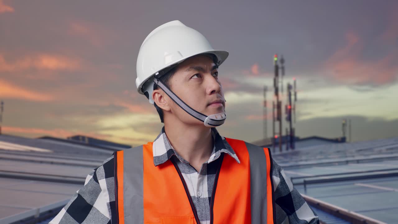 Close Up Of Asian Male Engineer Wearing Safety Helmet Looking Around While Standing With Arms Akimbo and Inspecting Solar Panels on Rooftop