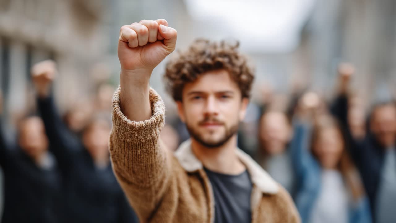 A Passionate Demonstrator Raises a Fist in Unity During a Protest, Symbolizing Strength and Solidarity Among Activists in the Crowd