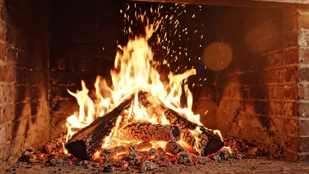 Fiamme affascinanti che danzano in un accogliente camino: il calore di un ceppo di legna che brucia catturato in un focolare rustico in mattoni