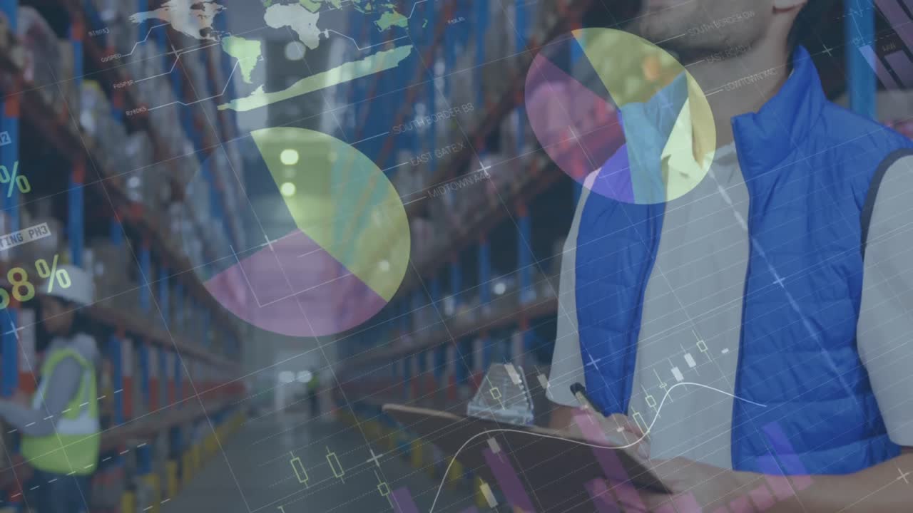 animación de estadísticas y procesamiento de datos financieros sobre el hombre que trabaja en el almacén