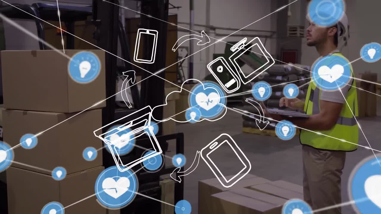 창고에서 일하는 사람에 대한 연결 네트워크의 애니메이션