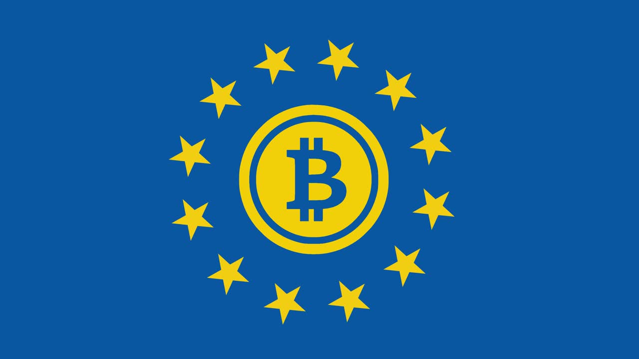 백그라운드에서 유럽 연합 국기의 비트 코인 로고 표현