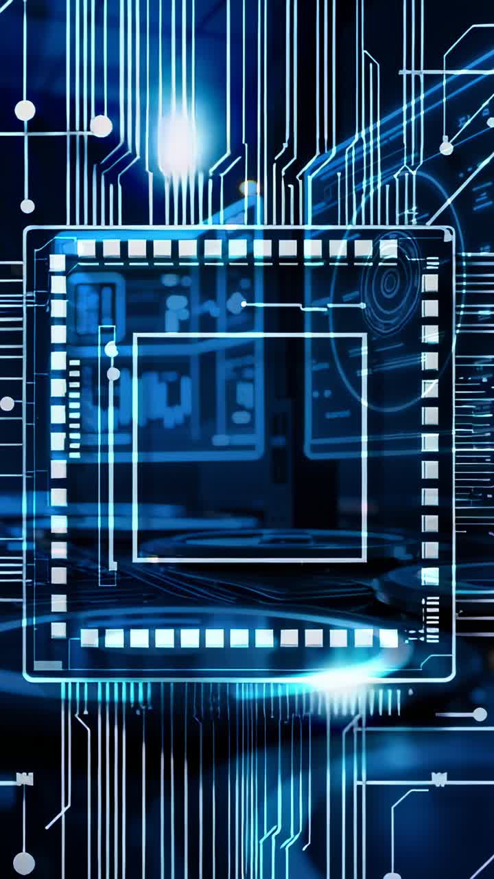 Vertical video: CPU chip graphic initiating pulsing orbs across circuit board, simulating data flow