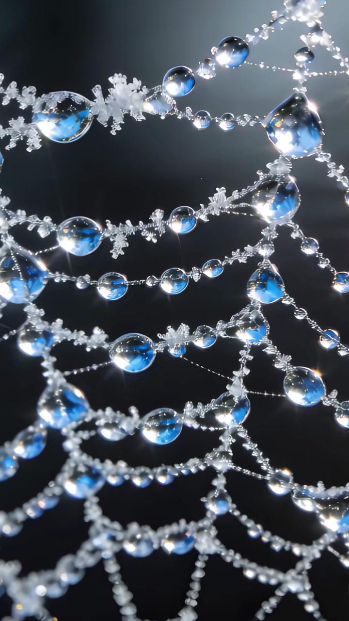 Vertical video: Moving camera revealing web at dawn, showing dew beads and frost for light shifts
