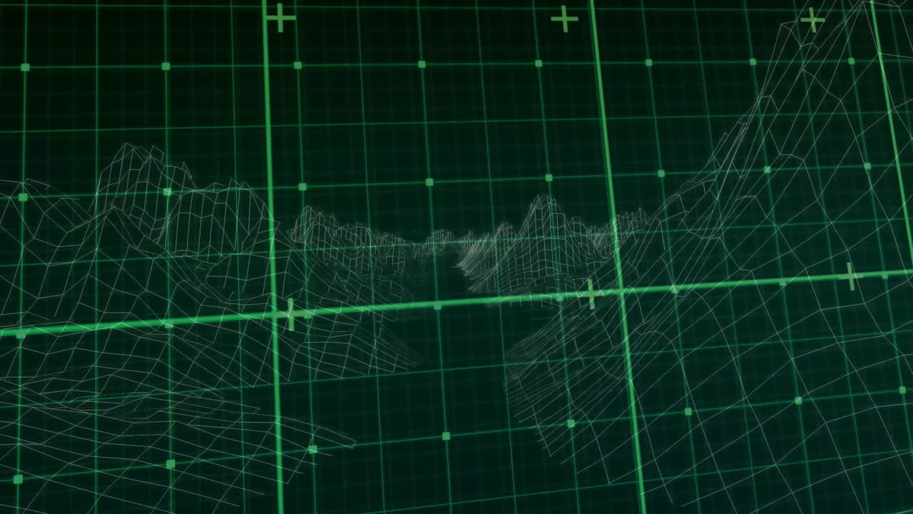 Wireframe 3D mountain terrain displaying glowing green grid simulation, with nodes and markers