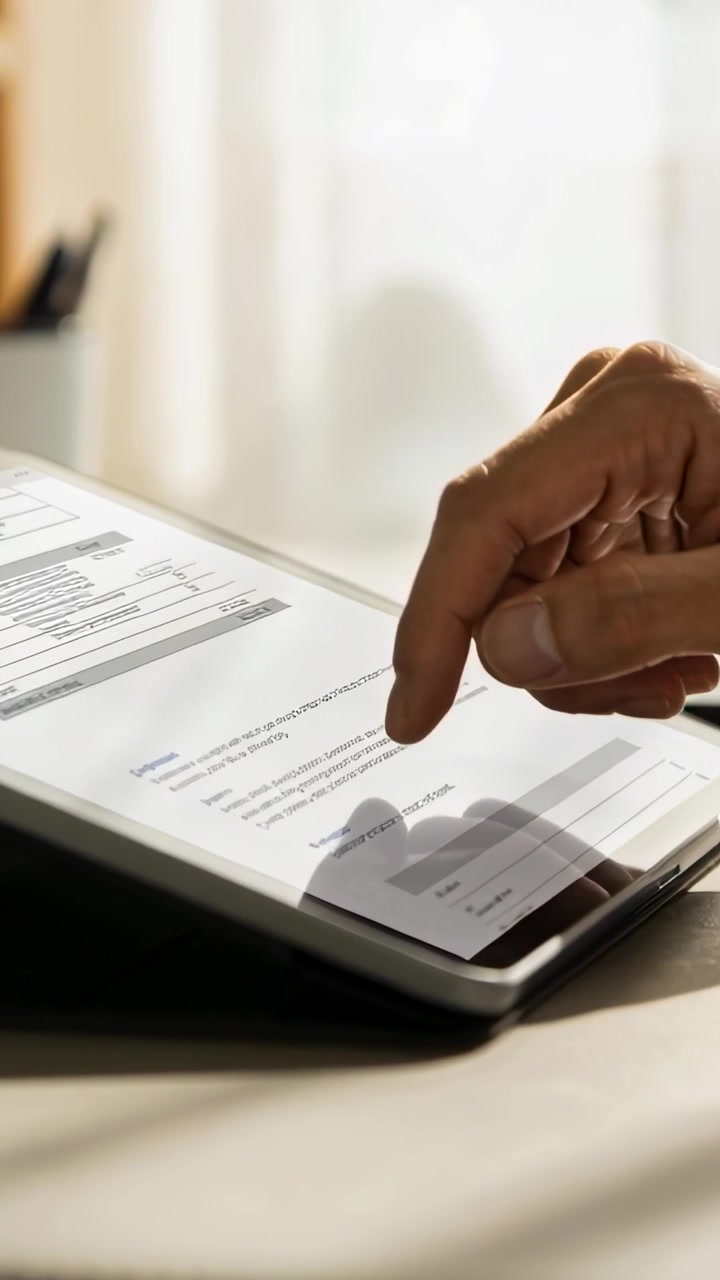 Vertical video: Approaching bare right hand filling form on tablet at desk by window, pen holder