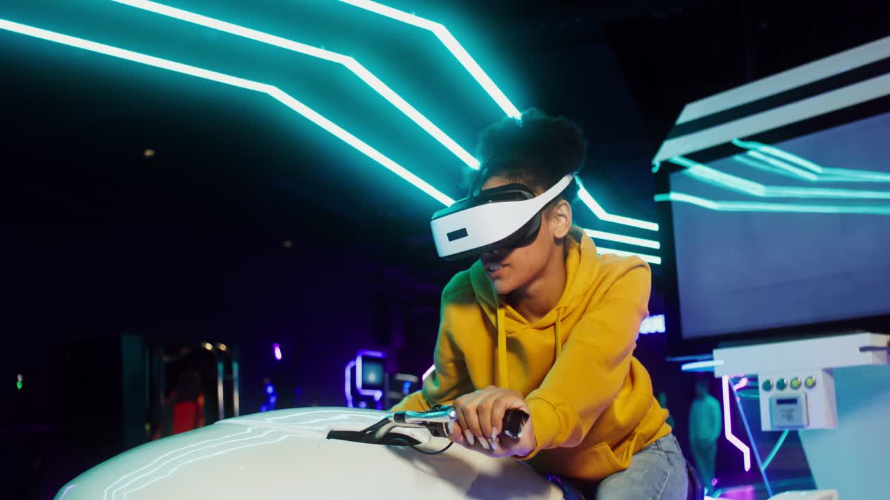 Woman enjoying VR experience in arcade