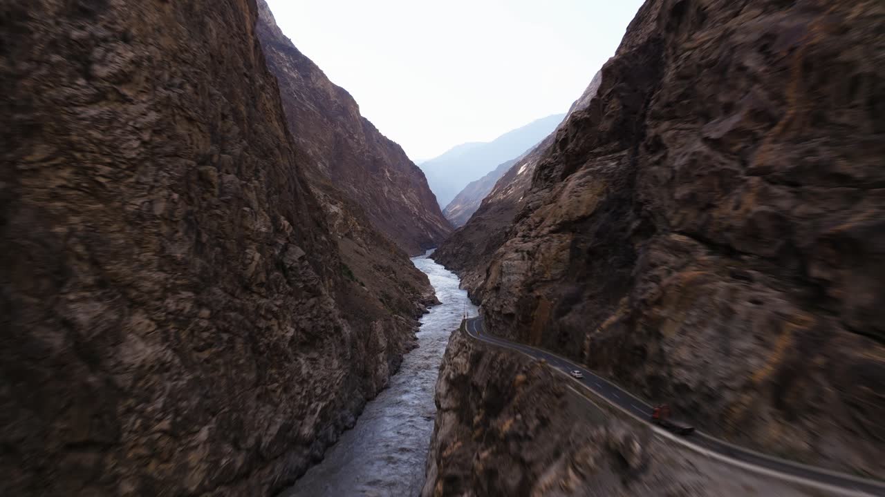Amazing Hyperlapse Above Skardu Road, Pakistan. Indus River, Himalayan Mountains. Northern Pakistan Tourism