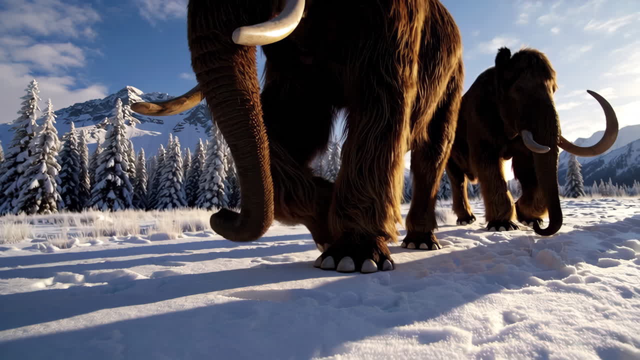 Woolly Mammoths in a Snowy Mountain Landscape