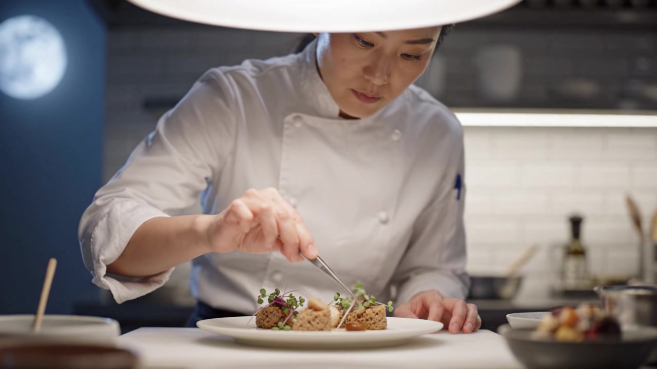 現代的なキッチンで、熟練したシェフが精密かつ丁寧にグルメ料理を盛り付け、料理の卓越性の裏にある芸術性と情熱を際立たせている