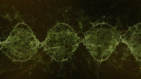 animation of yellow spots floating over green digital wave against black background