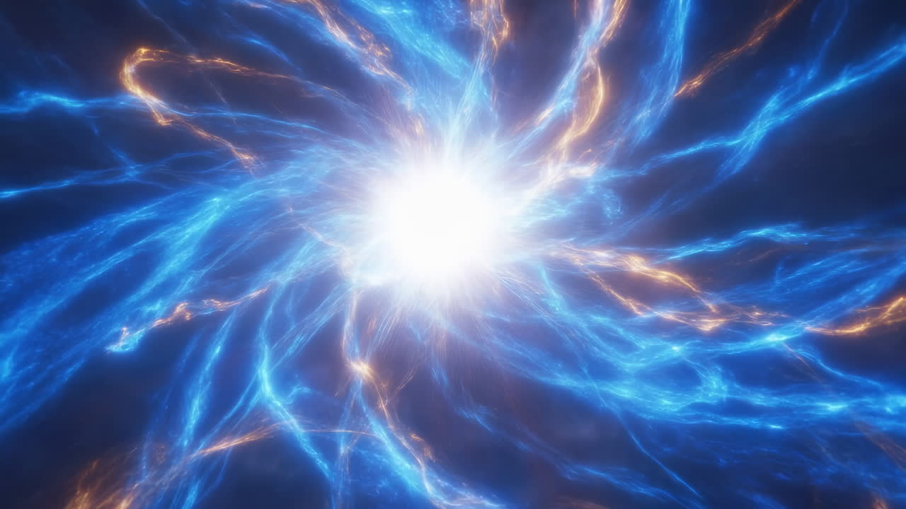 Explosão de Plasma Azul e Laranja Irradiando do Centro, Núcleo Luminoso Enviando Tentáculos Elétricos Através do Vazio Escuro