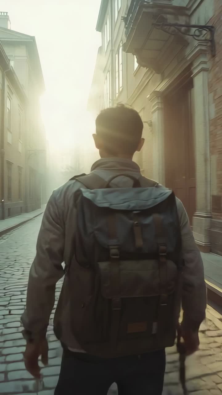 Vídeo vertical: Hombre con chaqueta caminando, llevando una mochila y un trípode por una calle empedrada hacia el sol