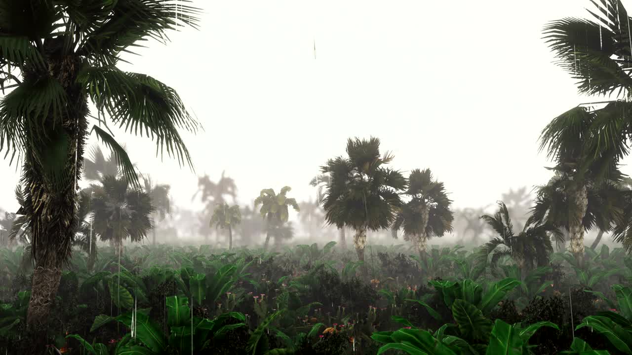 panorama de la jungla verde durante la lluvia tropical. árboles de la selva verde y palmeras, niebla y lluvia tropical. el concepto de viaje. hermosa animación de bucle 3d.